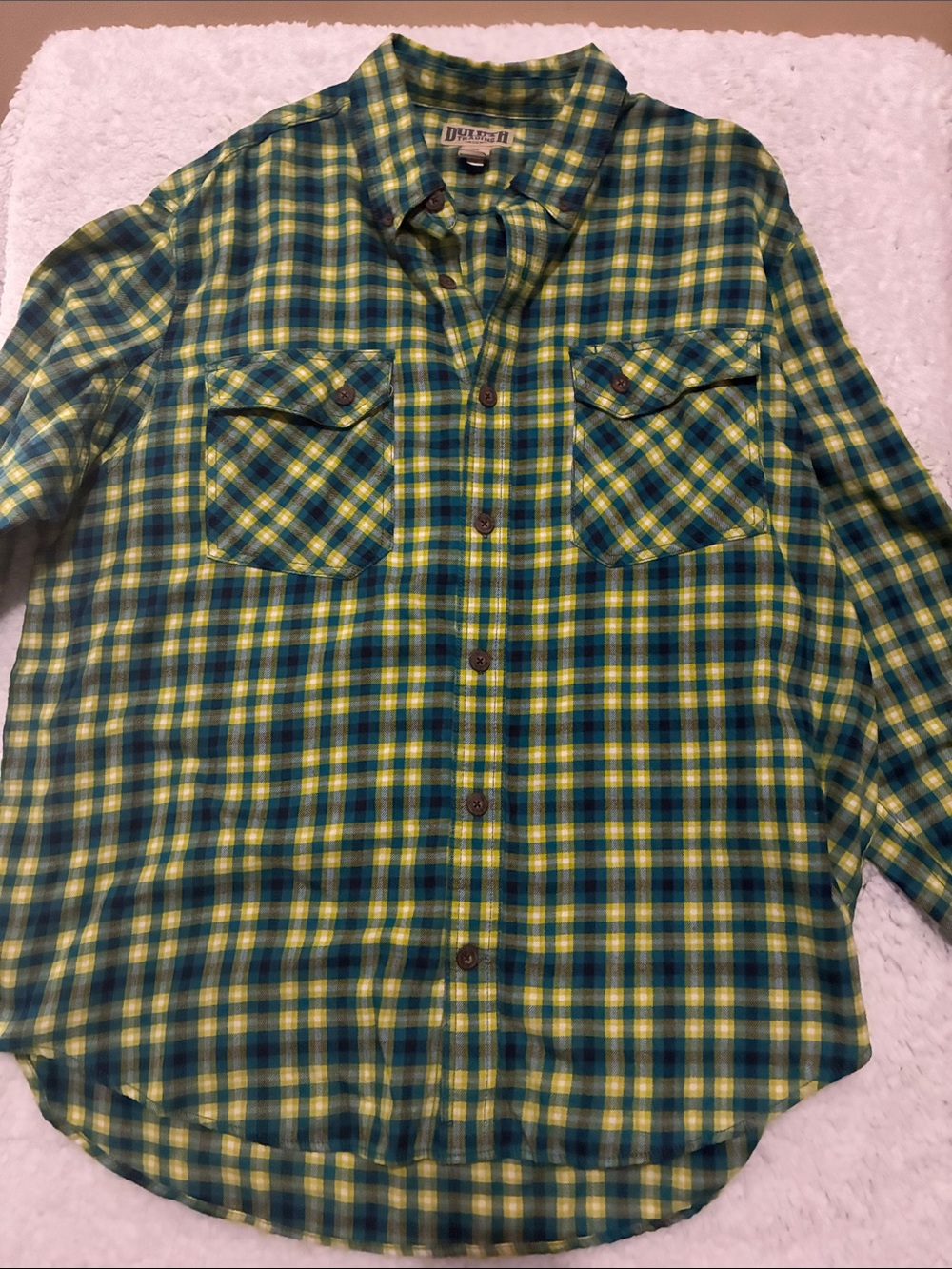 Duluth Trading Co Green and Yellow Plaid Button-Down Flannel 2XL